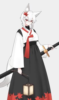 Rule 34 | 1641 (chfhrtor94), 1girl, absurdres, adapted costume, animal ears, black skirt, breasts, closed mouth, commentary request, double-parted bangs, expressionless, hair ornament, high-waist skirt, highres, holding, holding lantern, holding sword, holding weapon, inubashiri momiji, korean commentary, lantern, leaf, leaf hair ornament, leaf print, long skirt, long sleeves, looking at viewer, maple leaf, maple leaf print, medium breasts, paper lantern, pom pom (clothes), pom pom hair ornament, red eyes, sheath, sheathed, short hair, sidelocks, simple background, skirt, solo, standing, sword, tail, thick eyebrows, touhou, turtleneck, vest, weapon, white hair, white vest, wide sleeves, wolf ears, wolf tail