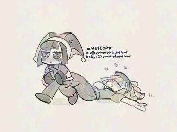 2girls anger_vein bluesky_username blush_stickers button_eye closed_eyes closed_mouth gloves greyscale hat heart highres jester_cap monochrome multicolored_eyes multiple_girls open_mouth pants pomni_(the_amazing_digital_circus) ragatha_(the_amazing_digital_circus) short_hair short_sleeves the_amazing_digital_circus twitter_username yawaraka_meteor