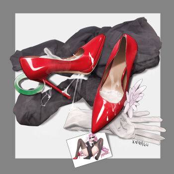 1girl artist_name border censored censored_identity cum cum_on_body cum_on_clothes cum_on_feet cumdrip dress earrings gloves grey_border high_heels highres jewelry long_hair pelvic_curtain photo_(object) pink_hair red_footwear ring shoes single_shoe smell solo spread_legs stiletto_heels thighhighs unworn_gloves unworn_shoes white_gloves xnnagu