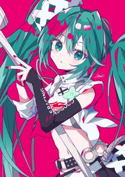 1girl :o aramedraw black_sleeves blush commentary crop_top cropped_shirt detached_sleeves goodsmile_company goodsmile_racing green_eyes green_hair hair_between_eyes hat hatsune_miku highres long_hair long_sleeves looking_at_viewer midriff nail_polish navel open_mouth pink_background pink_nails racing_miku racing_miku_(2025) shirt signature simple_background sleeveless sleeveless_shirt solo twintails upper_body vocaloid white_hat white_shirt