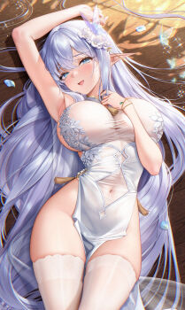 Rule 34 | 1girl, albion (azur lane), albion (scent of spring in the red pavilion) (azur lane), arm up, armpits, azur lane, blue eyes, blush, breasts, bug, butterfly, butterfly hair ornament, commentary request, covered navel, dakimakura (medium), dress, elf, from above, glint, groin, hair between eyes, hair intakes, hair ornament, hair spread out, hand on own chest, hand up, highres, insect, jg&amp;solin, large breasts, light particles, long hair, looking at viewer, lying, merchandise available, official alternate costume, on back, on floor, open mouth, partial commentary, pelvic curtain, pointy ears, see-through clothes, sideboob, sideless dress, sidelocks, sleeveless, sleeveless dress, smile, solo, sparkle, tassel, thighhighs, thighs, very long hair, white dress, white hair, white thighhighs, wooden floor