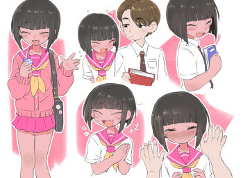 2boys :d black_eyes black_hair blush bob_cut book brown_hair cardigan closed_eyes collared_shirt crossdressing crossdressing_(mtf) fangs flying_sweatdrops holding holding_book holding_juice_box juice_box kuro_(kurojill) male_focus miniskirt multiple_boys neckerchief necktie nervous_sweating open_mouth original outline own_hands_together parted_lips pink_cardigan pink_sailor_collar pink_skirt pleated_skirt sailor_collar school_uniform shirt skirt smile sweat trap waving white_outline white_shirt yaoi yellow_neckerchief