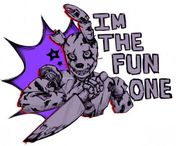 1boy animal_ears commentary cropped_torso dead_by_daylight english_commentary english_text evil_grin evil_smile five_nights_at_freddy&#039;s five_nights_at_freddy&#039;s_3 grin highres holding holding_knife humanoid_robot knife looking_at_viewer male_focus robot skodenquinn smile solo springtrap star_(symbol) teeth upper_body white_background