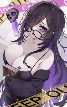 1girl absurdres bags_under_eyes bare_shoulders black_arm_warmers black_dress black_hair book breasts caution_tape cleavage commentary_request dress floating_skull glasses goddess_of_victory:_nikke highres holding holding_book huge_breasts keep_out label_(nikke) long_hair looking_at_viewer messy_hair multicolored_hair mushroom open_mouth purple_eyes purple_hair skull solo tokujou_mino two-tone_hair very_long_hair