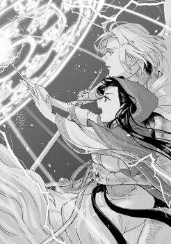 1boy 1girl arm_around_waist breasts capelet commentary_request dress ferdinand_(honzuki_no_gekokujou) greyscale highres hitsuki_(hiidukii) holding holding_sword holding_wand holding_weapon honzuki_no_gekokujou hood hooded_capelet horse horseback_riding long_dress long_hair magic medium_breasts monochrome myne_(honzuki_no_gekokujou) open_mouth riding sword wand weapon