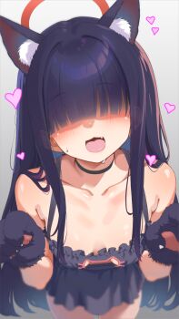 1girl animal_ear_fluff animal_ears animal_hands black_chemise black_choker blue_archive blunt_bangs blush cat_cutout cat_ears cat_lingerie chemise choker clothing_cutout collarbone fang gloves hair_over_eyes halo heart itinana justice_task_force_member_(blue_archive) long_hair looking_at_viewer paw_gloves purple_hair red_halo smile solo straight_hair sweatdrop very_long_hair