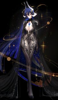 1girl absurdres ai-generated_art_(topic) alternate_costume black_background black_bodysuit black_cloak blue_gemstone blue_hair blunt_ends bodysuit breasts chest_jewel chronopattern_dress cleavage_cutout cloak closed_mouth clothing_cutout colored_inner_hair crescent crescent_hair_ornament crossed_bangs fingernails full_body gem glitter hair_between_eyes hair_ornament halo hashtag-only_commentary highres horns indie_virtual_youtuber jewelry long_hair looking_at_viewer medium_breasts meltyrice multicolored_hair red_eyes see-through_bodysuit see-through_clothes sharp_fingernails sharp_toenails slit_pupils solo sparkle sparkling_aura standing toenails vienna_(vtuber) virtual_youtuber
