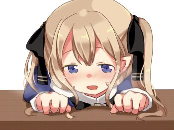 1girl ariel_(oukoku_no_shugo_tenshi) black_bow blue_dress blue_eyes blush bow breath brown_hair desk dress game_cg hair_between_eyes half-closed_eyes heavy_breathing hikaru_(sgst) juliet_sleeves large_variant_set long_hair long_sleeves lying non-web_source on_desk on_stomach open_mouth oukoku_no_shugo_tenshi pointy_ears portrait puffy_sleeves sidelocks simple_background sitting smile solo tareme transparent_background twintails variant_set