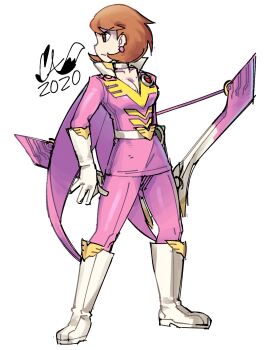 1girl 2020 belt boots bow_(weapon) breasts brown_eyes brown_hair caliginousarts cape cleavage commentary earrings english_commentary full_body gloves highres holding holding_bow_(weapon) holding_weapon jewelry long_sleeves looking_to_the_side pants persona persona_4:_the_ultimate_in_mayonaka_arena persona_4:_the_ultimax_ultra_suplex_hold pink_cape pink_pants pink_shirt profile shirt short_hair solo sphere_earrings standing superhero_costume takeba_yukari v-shaped_eyebrows weapon white_belt white_boots white_gloves