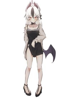 1girl black_choker black_dress black_hair black_shoes blue_archive blush bright_pupils brown_shirt choker demon_horns demon_wings dress halo high_heels highres horns iota_(jjohyb2) kayoko_(blue_archive) kayoko_(dress)_(blue_archive) long_hair low_wings multicolored_hair open_clothes open_shirt pendant_choker pigeon-toed red_eyes shirt shoes single_wing sleeveless sleeveless_dress solo standing two-tone_hair white_background white_hair white_pupils wings