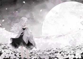 Rule 34 | 1girl, black trim, black vs white, bouquet, check commentary, commentary request, detached sleeves, faux traditional media, flower, from behind, full moon, highres, holding, holding bouquet, limited palette, moon, original, petals, puff and slash sleeves, puffy sleeves, sin0a, white flower, white hair, wind