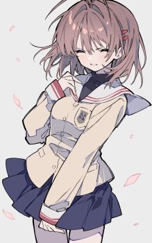 Rule 34 | 1girl, ^ ^, absurdres, antenna hair, blackcatpancake, blazer, blue skirt, blush, brown hair, clannad, closed eyes, commentary, cowboy shot, falling petals, floating hair, furukawa nagisa, grey background, hair ornament, hairclip, hand up, happy, highres, hikarizaka private high school uniform, jacket, medium hair, miniskirt, open mouth, parallel hairclips, petals, pleated skirt, sailor collar, school uniform, serafuku, simple background, skirt, sleeves past wrists, smile, solo, turtleneck, white sailor collar, wind, yellow jacket