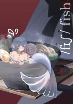 2girls absurdres armpit_crease blue_eyes blue_tail bowl breasts cabbage cleavage commentary detached_collar drill_hair drill_sidelocks english_commentary fins flying_sweatdrops food frilled_kimono frills hair_between_eyes hardboiled_egg head_fins highres holding holding_bowl imaizumi_kagerou in_bowl in_container in_food japanese_clothes kamaboko kimono large_breasts looking_at_viewer mermaid mini_person minigirl monster_girl multiple_girls narutomaki no_noru noodles off_shoulder open_mouth scales sidelocks solo soup touhou tray udon wakasagihime