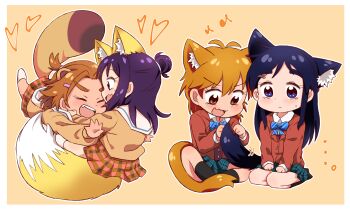 ... 4girls :d animal_ears antenna_hair black_hair black_socks blank_stare blazer blue_bow blue_bowtie blue_eyes blue_skirt blush border bow bowtie brown_eyes brown_hair brown_sweater butterfly_sitting cat_ears cat_tail chibi chibi_only closed_eyes closed_mouth collared_shirt diagonal-striped_bow diagonal-striped_bowtie diagonal-striped_clothes dog_ears dog_tail eighth_note fang fangs fox_ears fox_tail futari_wa_precure futari_wa_precure_splash_star glomp grabbing_another&#039;s_tail hair_between_eyes hair_bun hair_ornament hairclip half_updo hands_on_lap heart heart_hair_ornament highres hug hyuuga_saki in-franchise_crossover jacket kneehighs long_hair long_sleeves looking_ahead miniskirt mishou_mai misumi_nagisa mizin_kosutin multiple_girls musical_note open_mouth orange_hair outline pink_skirt plaid_clothes plaid_skirt ponytail precure raccoon_ears raccoon_tail red_jacket sailor_collar school_uniform seiza shirt short_hair short_ponytail simple_background single_hair_bun sitting skin_fang skirt smile socks striped_bow striped_bowtie striped_clothes surprised sweatdrop sweater tail thick_eyebrows third-party_source v-shaped_eyebrows verone_gakuin_school_uniform white_border white_outline white_sailor_collar white_socks yellow_background yukishiro_honoka yuunagi_middle_school_uniform