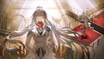 1girl absurdres alpha:_inverse_crown_(pgr) alpha_(pgr) alternate_costume arms_behind_back bow bowtie hair_between_eyes high_ponytail highres indoors light_smile long_hair looking_at_viewer multicolored_hair official_art ponytail punishing:_gray_raven red_bow red_eyes red_streaks solo streaked_hair two-tone_hair very_long_hair