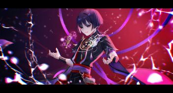 1boy armor black_bodysuit black_eyes black_hair black_kimono black_sleeves blue_fire blunt_ends bodysuit bright_pupils cable commentary_request curled_fingers electricity eyeliner eyeshadow fire floating floating_object furisode genshin_impact gnosis_(genshin_impact) gold gradient_background hair_intakes han'eri hidu713 highres japanese_armor japanese_clothes jewelry kimono kote kurokote layered_clothes layered_kimono layered_sleeves letterboxed makeup male_focus mandarin_collar mitsudomoe_(shape) neck_ring o-ring open_clothes open_hands open_kimono outstretched_arms parted_lips purple_background purple_rope purple_sash purple_sleeves red_background red_eyeliner red_eyeshadow red_kimono red_sash rope sash scaramouche_(genshin_impact) shimenawa short_sleeves smile solo spread_arms tassel tomoe_(symbol) upper_body white_mouth white_pupils white_rope white_trim