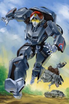 1boy bodysuit car cloud commentary crossover english_commentary gloves glowing glowing_eyes grey_bodysuit grey_gloves helmet makoto_ono mecha mechanization motor_vehicle open_hands orange_eyes pointer_(ultra_seven) robot science_fiction sky surprised tokusatsu transformation transformers ultra_series ultraseven_(series)