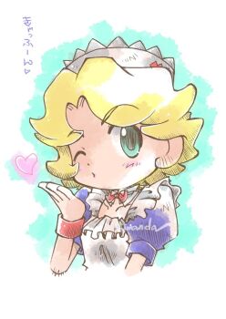 1girl blonde_hair blowing_kiss breasts chibi green_eyes heart highres japanese_text looking_at_viewer maid maid_headdress medium_breasts one_eye_closed pink_lips plum_spaniel puckered_lips sakura_taisen sega short_hair solo translation_request wink