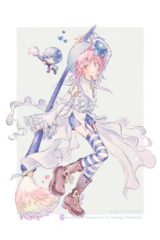 Rule 34 | 2girls, amulet spade, boots, border, brown boots, detached sleeves, full body, garter straps, hinamori amu, holding, holding brush, miki (shugo chara!), multiple girls, pink hair, ryokuno green, shirt, short hair, shugo chara!, striped clothes, striped thighhighs, thighhighs, white border, white shirt, yellow eyes