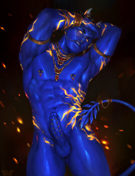 1boy absurdres annas_anya armpits arms_up artist_name black_background blue_skin bluesky_logo bluesky_username brown_hair colored_skin commentary commission completely_nude covered_penis cowboy_shot erection gem gluteal_fold highres jewelry legs male_focus muscular muscular_male navel necklace nipple_indents nipple_piercing nipples nude original pectorals penis penis_piercing piercing red_gem short_hair simple_background solo stomach symbol-only_commentary tail testicles thighs twitter_username