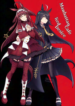 2girls ahoge animal_ears black_coat black_hair black_pantyhose black_shirt black_skirt blunt_bangs blunt_ends blunt_sidelocks brown_headdress closed_mouth coat collared_shirt commentary_request dress ear_tag earrings frilled_hairband frills garter_straps hair_between_eyes hair_over_one_eye hairband hands_in_pockets hi_(ibisf5umauma) highres horse_ears horse_girl horse_tail jewelry long_bangs long_hair long_hair_between_eyes long_sleeves looking_at_viewer manhattan_cafe_(creeping_black)_(umamusume) manhattan_cafe_(umamusume) multicolored_hair multiple_girls necktie pantyhose red_desire_(umamusume) red_dress red_hair red_hairband red_headdress red_thighhighs shirt shoes sidelocks single_earring skirt smile star_ornament tail thighhighs umamusume very_long_hair white_hair yellow_eyes yellow_necktie