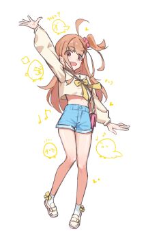1girl :d absurdres ahoge arm_up baby_animal bird blue_shorts blush bow bow_legwear bowtie chick commentary_request crop_top cropped_shirt doodle_inset eighth_note full_body hair_ornament hair_scrunchie heart highres ikizulive!_love_live!_bluebird loafers long_sleeves looking_at_viewer love_live! math midriff musical_note one_side_up open_hand open_mouth orange_eyes orange_hair pink_scrunchie puff_of_air puffy_long_sleeves puffy_sleeves quarter_note sailor_collar sailor_shirt scrunchie shirt shoes short_shorts shorts smile socks solo standing sunkeun takahashi_polka white_sailor_collar white_shirt white_shoes white_socks yellow_bow yellow_bowtie