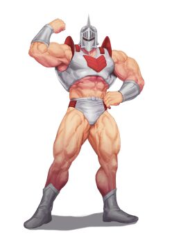 Rule 34 | 1boy, abs, absurdres, arm guards, bara, broad shoulders, flexing, hand on own hip, helmet, highres, kinnikuman, male focus, muscular, muscular male, red eyes, robin mask, silver boots, simple background, traver009, white background, wrestling outfit