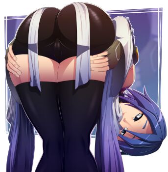 1girl absurdres aqua_(kingdom_hearts) ass bent_over blue_eyes blue_hair cameltoe curvy female_focus fingerless_gloves from_behind gloves highres huge_ass kingdom_hearts kingdom_hearts_birth_by_sleep looking_at_viewer matching_hair/eyes ravenravenraven short_hair solo thick_thighs thighhighs thighs wide_hips