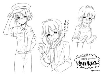 1girl akizuki_ritsuko antenna_hair apron belt belt_buckle blunt_bangs braid breast_pocket breasts buckle cashier collared_shirt cowboy_shot doctor dot_nose drink_carton eyelashes folded_ponytail glasses greyscale hat holding holding_milk_carton holding_stethoscope holding_unworn_clothes holding_unworn_hat idolmaster idolmaster_(classic) idolmaster_million_live! idolmaster_million_live!_theater_days lab_coat light_blush long_hair looking_at_viewer looking_down mask medium_breasts merukyara milk_carton monochrome mouth_mask multiple_views necktie pants parted_lips pocket police police_hat police_uniform shirt short_sleeves shoulder_boards sidelocks simple_background sleeves_rolled_up standing stethoscope translation_request twin_braids twitter_username unworn_hat unworn_headwear upper_body very_long_hair white_background