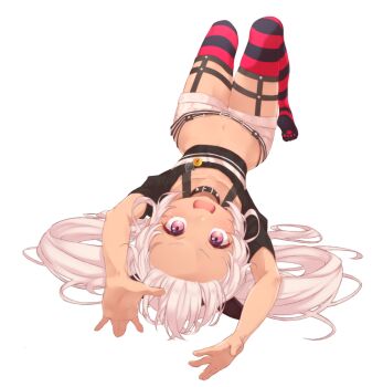 1girl absurdres black_collar black_shirt black_thighhighs breasts collar dark-skinned_female dark_skin grey_hair highres long_hair looking_at_viewer matsukai_mao matsukai_mao_(1st_costume) navel nijisanji open_mouth purple_eyes red_thighhighs shirt shorts small_breasts smile solo spiked_collar spikes striped_clothes striped_thighhighs take_mawile thigh_strap thighhighs transparent_background virtual_youtuber white_shorts