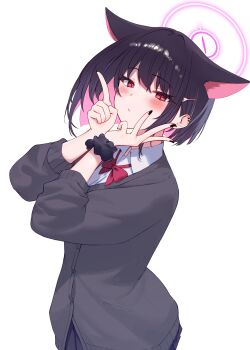 1girl absurdres alternate_costume animal_ears black_hair black_jacket black_nails black_scrunchie blue_archive blue_skirt bow cat_ears cat_girl closed_mouth collared_shirt colored_inner_hair ear_piercing extra_ears halo highres jacket kazusa_(blue_archive) looking_at_viewer multicolored_hair piercing pink_hair pointing pointing_up purple_halo red_bow red_eyes scrunchie shirt short_hair sidelocks skirt solo two-tone_hair w white_shirt wrist_scrunchie yata_mawari