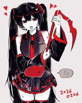 Rule 34 | 1girl, bare shoulders, black hair, black shirt, black skirt, black sleeves, black thighhighs, blush, collared shirt, colored skin, cowboy shot, d2nto, dated, detached sleeves, grey background, hair ornament, hashtag-only commentary, hatsune miku, heart, highres, holding musical note, long hair, loving aura, maretu, musical note, musical note tattoo, necktie, open mouth, red eyes, red necktie, red trim, shirt, shoulder tattoo, simple background, skirt, sleeveless, sleeveless shirt, smile, solo, spoken sweatdrop, sweatdrop, tattoo, thighhighs, twintails, veins, very long hair, vocaloid, white skin