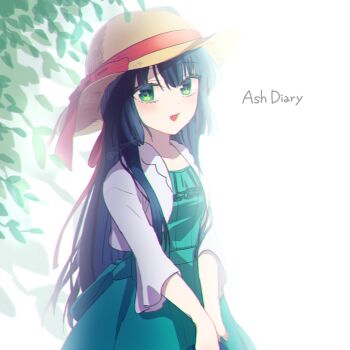 Rule 34 | :d, blue hair, cowboy shot, dress, galaxy angel, green dress, green eyes, hair between eyes, hat, highres, karasuma chitose, leaf, long hair, looking at viewer, open mouth, ritsu (r litsuca), smile, sun hat, white background