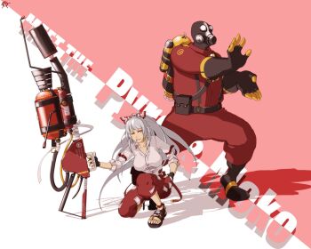 Rule 34 | 1boy, 1girl, bow, cigarette, circle a, crossover, flamethrower, fujiwara no mokou, gas mask, hadouken, hair bow, highres, holding flamethrower, holding weapon, kamehameha (dragon ball), long hair, mask, on one knee, pyro (tf2), red eyes, red pyro (tf2), ribbon, sandals, silver hair, smoking, suspenders, team fortress 2, touhou, weapon