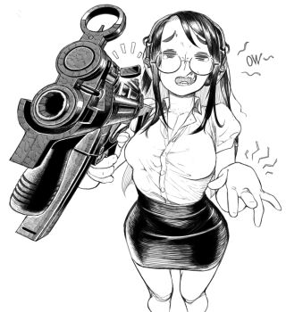 1girl breasts closed_eyes commentary ear_protection electric_niw english_commentary facing_viewer fang glasses greyscale gun h&amp;k_mp5k holding holding_gun holding_weapon long_hair monochrome open_mouth original pencil_skirt round_eyewear simple_background skirt solo submachine_gun tearing_up teeth weapon