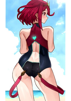 1girl absurdres ass bare_shoulders beach black_one-piece_swimsuit bob_cut butt_crack cowboy_shot dimples_of_venus from_behind highres ocean one-piece_swimsuit pyra_(pro_swimmer)_(xenoblade) pyra_(xenoblade) red_eyes red_hair red_one-piece_swimsuit sand short_hair sleeveless sleeveless_turtleneck solo swimsuit tiara turtleneck xenoblade_chronicles_(series) xenoblade_chronicles_2 yotsuha_uni