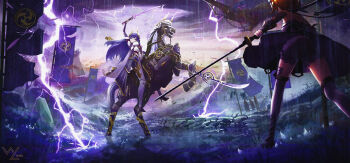 2girls 90430146 absurdres arm_up armor artist_name blonde_hair blunt_bangs blurry blurry_background branch closed_mouth cloud cloudy_sky commentary_request dress electro_symbol_(genshin_impact) fake_horns fog friends from_behind full_body genshin_impact glowing grass hair_down hair_flowing_over head_tilt headpiece highres holding holding_sword holding_weapon horns horse horseback_riding humanoid_robot japanese_armor joints lightning long_hair looking_to_the_side lumine_(genshin_impact) mitsudomoe_(shape) multiple_girls musou_isshin_(genshin_impact) open_mouth outdoors purple_eyes purple_hair purple_sky raiden_shogun raiden_shogun_(magatsu_mitake_narukami_no_mikoto) riding robot robot_joints shade short_hair sky storm sword thighhighs tomoe_(symbol) tree vs weapon