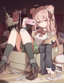 1girl ahoge bandage_on_knee bandaged_hand bandages black_socks blush bow box brown_hair chain chained chained_legs collared_shirt diagonal-striped_bow double-parted_bangs double_bun green_skirt hair_bun happy_sugar_life highres holding holding_phone in_box in_container intravenous_drip large_syringe loafers looking_at_viewer maidcode1023 matsuzaka_satou narrowed_eyes off_shoulder oversized_object phone pill shirt shoes single_off_shoulder sitting skirt socks solo striped_bow striped_clothes striped_shirt syringe vertical-striped_clothes vertical-striped_shirt white_shirt