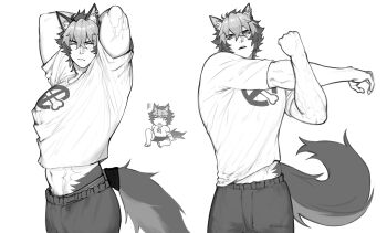 1boy absurdres animal_ear_piercing animal_ears clothes_lift commentary dog_boy dog_ears dog_tail english_commentary highres komano_manato male_focus multicolored_hair muscular muscular_male nikkoiro2 scar scar_on_arm scar_on_face scar_on_stomach shirt shirt_lift stretching tail white_shirt zenless_zone_zero