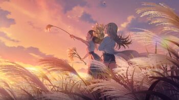 2girls belt blonde_hair brown_hair cloud gakuen_idolmaster game_cg hair_ornament hairclip highres holding idolmaster kuramoto_china long_skirt multiple_girls official_art profile shinosawa_hiro short_shorts shorts skirt sunset wheat_field