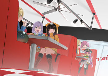 6+girls aikawa_megumi animal animal_ear_hood animal_ears animal_on_head asakura_karen_(heaven_burns_red) black_hair black_hat black_ribbon black_socks blue_jacket blunt_bangs boots brown_boots brown_skirt bun_cover burger cat cat_ears cat_on_head cola commentary_request covering_own_mouth double_bun fake_animal_ears flower food french_fries full_body glass glasses green_eyes hair_between_eyes hair_bun hair_flower hair_ornament hair_ribbon hand_up hands_up hat heaven_burns_red highres hood hood_up hoodie indoors izumi_yuki_(heaven_burns_red) jacket kayamori_ruka kneehighs knees_together_feet_apart kunimi_tama lace-up_boots long_hair long_sleeves looking_at_another looking_at_viewer miniskirt misonikomi_ss multiple_girls narby_(heaven_burns_red) on_head open_mouth orange_eyes orange_hoodie peaked_cap pink_hair plaid_clothes plaid_skirt profile red_eyes restaurant ribbon round_eyewear sitting skirt sleeves_past_wrists socks sweatdrop team_31a_(heaven_burns_red) teeth thighhighs toujou_tsukasa two_side_up v-shaped_eyebrows very_long_hair white_cat white_thighhighs