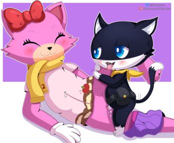 atlus bandana black_fur blue_eyes blush bottomwear_around_one_leg bow bow_ribbon clothing_around_one_leg cloudeon drooling food fruit fur furry gloves hair_bow hair_ornament hair_ribbon hetero hood hoodie kerchief megami_tensei morgana_(persona) pancake_(toontown) pink_fur pink_hoodie plant ribbon saliva scarf sega skirt skirt_around_one_leg strawberry tongue toontown toontown_corporate_clash toontown_online toony tuxedo_cat