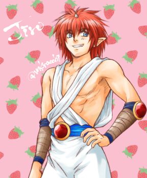1boy belt_buckle buckle character_name fang food fruit hand_on_own_hip horns jin_kaze_tsukai male_focus mkracchi pink_background pointy_ears red_hair short_hair signature single_horn sleeveless solo strawberry teeth toned toned_male upper_body yuu_yuu_hakusho