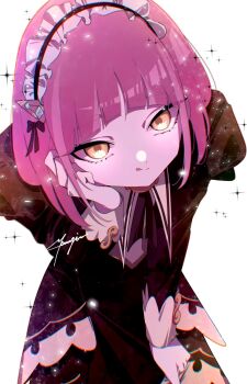 1girl bow dress dress_tug hair_bow hair_ribbon hand_on_own_cheek hand_on_own_face juliet_sleeves lacey_(fall_2025)_(pokemon) lacey_(pokemon) leaning_forward licking_lips long_sleeves looking_at_viewer maid_headdress marie_(pixiv59672544) nintendo pink_hair pokemon pokemon_masters_ex puffy_sleeves ribbon smile solo sparkle tongue tongue_out upper_body white_background yellow_eyes