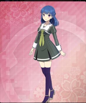 1girl blue_hair breasts brown_shoes buttons closed_mouth dot_nose double-breasted dress floral_background full_body game_cg green_dress green_neckerchief heijou_institute_school_uniform high_heels koike_saaya large_breasts long_sleeves looking_at_viewer medium_hair neckerchief official_art pink_background pinstripe_dress pinstripe_pattern pumps purple_hair purple_thighhighs sailor_collar school_uniform shoes sidelocks smile solo striped_clothes striped_dress thighhighs third-party_source toji_no_miko toji_no_miko:_kizamishi_issen_no_tomoshibi vertical-striped_clothes vertical-striped_dress white_sailor_collar zettai_ryouiki