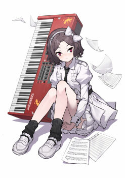 1girl absurdres black_necktie black_socks bow closed_mouth commentary ebizuka_tomo girls_band_cry grey_hair hair_bow hairband highres instrument jacket juliet_sleeves kaidouzy keyboard_(instrument) long_sleeves necktie puffy_sleeves red_eyes sheet_music shoes short_hair simple_background sitting skirt socks solo white_background white_bow white_hairband white_jacket white_shoes white_skirt