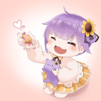 Rule 34 | 1girl, absurdres, blush, closed eyes, flower, hair flower, hair ornament, heart, highres, indie virtual youtuber, kneeling, open mouth, orange skirt, purple hair, reika (otsuka ray), shirt, skirt, snnaol, solo, striped clothes, striped skirt, stuffed animal, stuffed toy, sunflower, virtual youtuber, white shirt