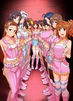 6+girls ahoge akizuki_ritsuko amami_haruka black_hair blonde_hair blue_eyes blue_hair blue_pants blue_skirt boots breasts brown_eyes brown_hair closed_mouth crop_top dark_blue_hair dress empty_eyes futami_ami futami_mami ganaha_hibiki green_eyes grey_hair hagiwara_yukiho hairband highres hoshii_miki idolmaster idolmaster_(classic) indoors kikuchi_makoto kisaragi_chihaya knee_boots large_breasts long_hair looking_at_viewer midriff minase_iori miura_azusa momo_no_suidou-sui multiple_girls navel open_mouth orange_eyes orange_hair pants pantyhose pink_dress pink_pants pink_skirt shijou_takane short_hair skirt small_breasts smile standing takatsuki_yayoi thighhighs white_pants