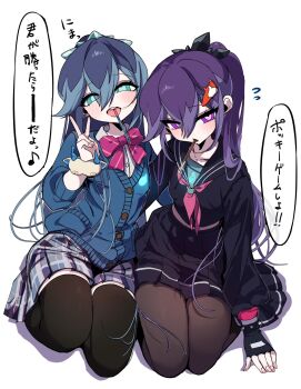 2girls :d black_serafuku black_skirt black_thighhighs blue_cardigan blue_eyes blue_hair blush breasts brown_pantyhose cardigan chest_ribbon diamond_star12 earrings fingerless_gloves flustered food food_in_mouth fubuki-chan_(youkai_watch) gloves hair_between_eyes hair_ornament hand_on_ground head_tilt heart heart-shaped_pupils highres hyakkihime jewelry kneeling long_sleeves looking_at_viewer loose_hair_strand multicolored_hair multiple_girls navel neckerchief open_mouth pantyhose pink_neckerchief pink_ribbon plaid_clothes plaid_skirt pleated_skirt pocky pocky_in_mouth ponytail purple_eyes purple_hair ribbon school_uniform serafuku shirt sidelocks skirt small_breasts smile smug streaked_hair symbol-shaped_pupils teeth thighhighs translation_request triangle_mouth upper_teeth_only v white_shirt youkai_watch