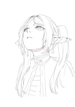 1girl capelet commentary cropped_shoulders earrings elf frieren hair_over_shoulder head_back highres jewelry lineart long_pointy_ears looking_up mmi_ryu parted_bangs parted_lips pointy_ears shirt simple_background solo sousou_no_frieren striped_clothes striped_shirt teardrop_earrings thick_eyebrows twintails upper_body upward_angle_frieren_drawing white_background